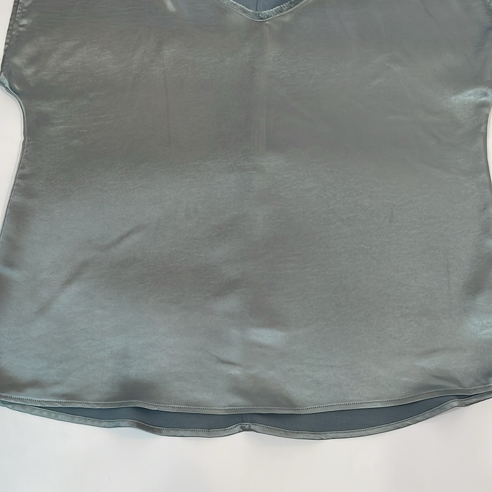 Melissa Nepton Satin Top Size L Seafoam Blue Color Fringe Neckline - Picture 6 of 7